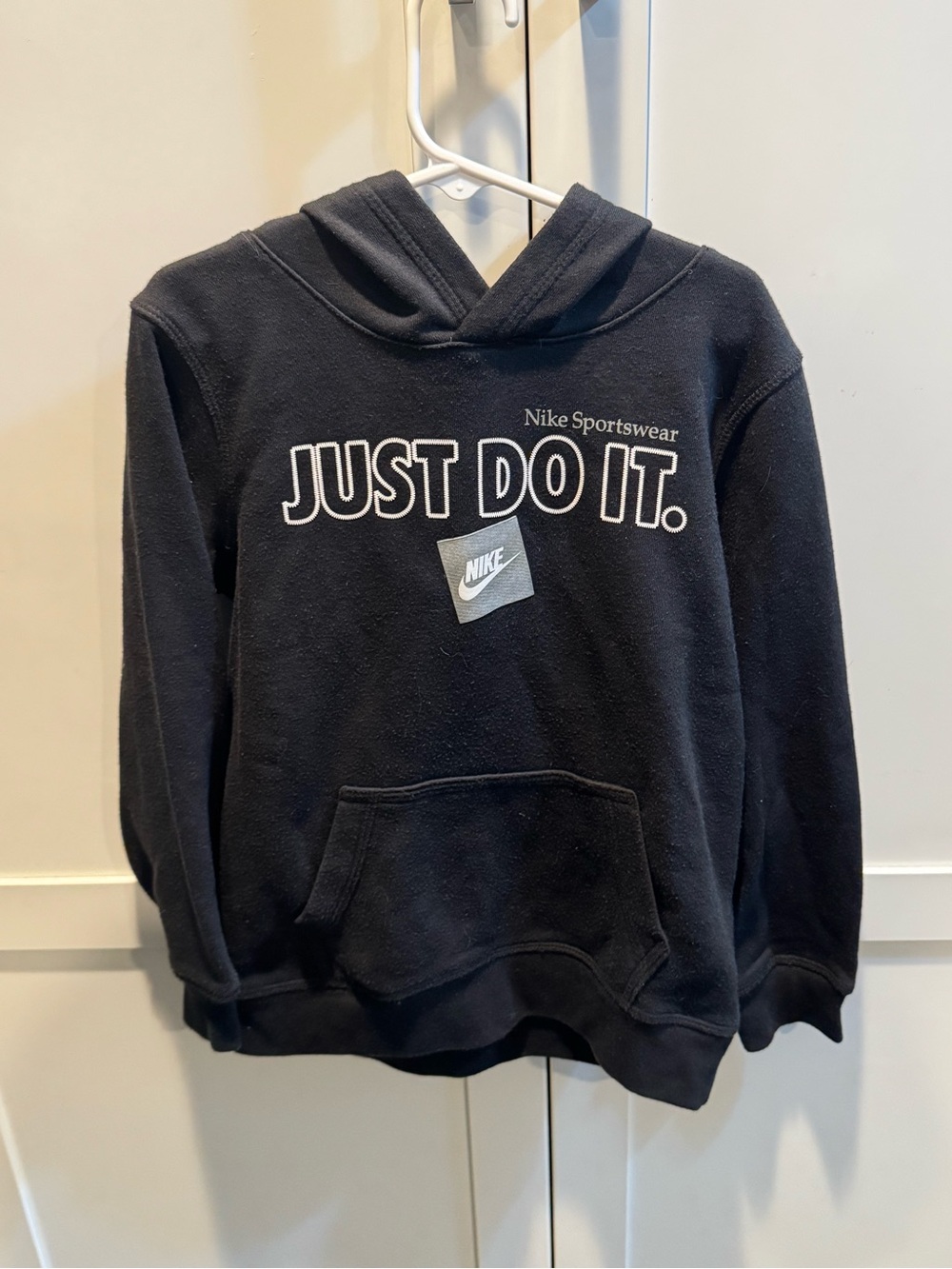 Kids Nike Black Hoodie with White 'Just Do It.' Graphic- Size 7 (Large)